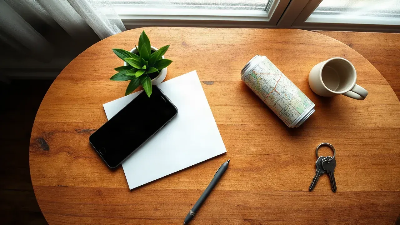 Smartphone sobre uma folha em branco, ao lado de uma caneta, planta em vaso, mapa enrolado, caneca e chaves, sobre uma mesa de madeira.