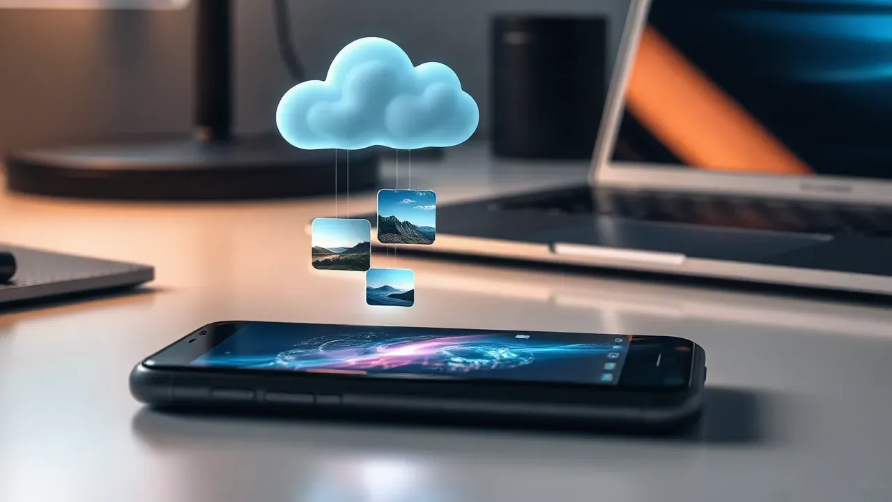 Smartphone sobre uma mesa com uma nuvem azul flutuando acima e três fotos de paisagens penduradas nela; ao fundo, um notebook