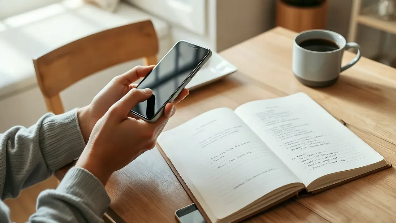 Mãos segurando um smartphone sobre uma mesa de madeira, ao lado de um caderno aberto com anotações à mão e uma xícara de café