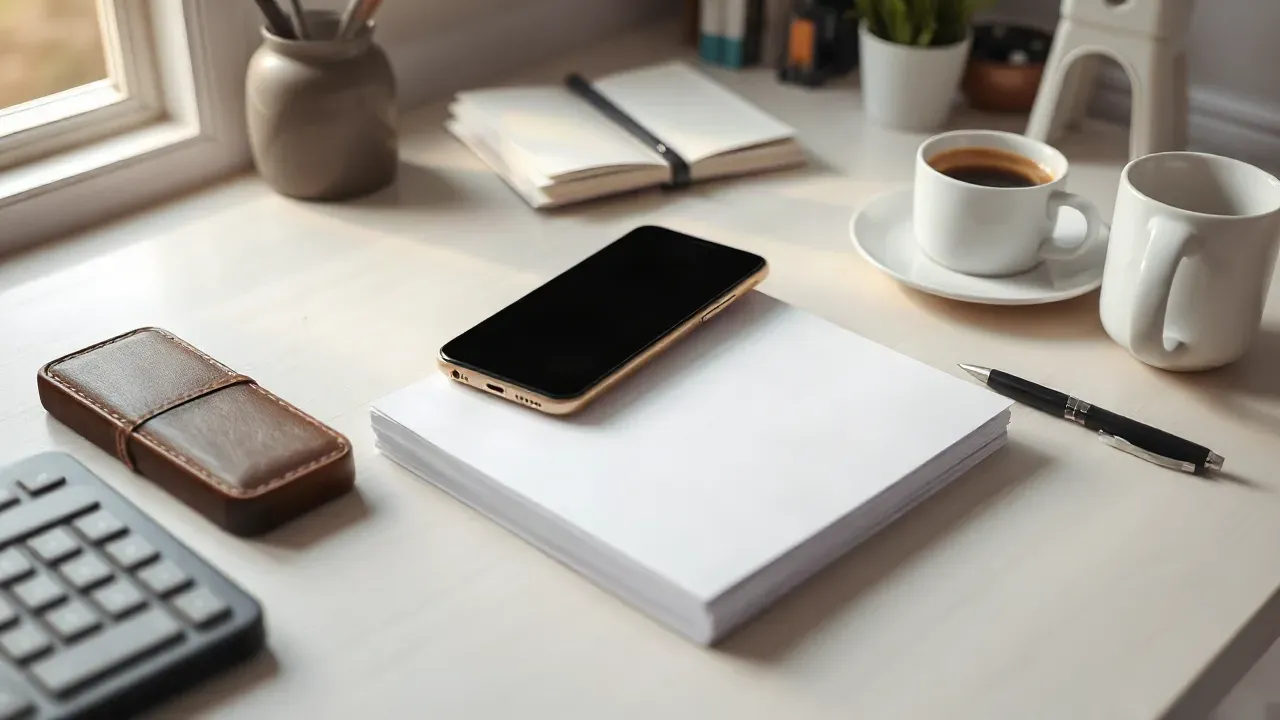 Smartphone sobre uma pilha de folhas em branco em uma mesa clara, ao lado de caneta, xícaras de café e objetos de trabalho, com luz natural.